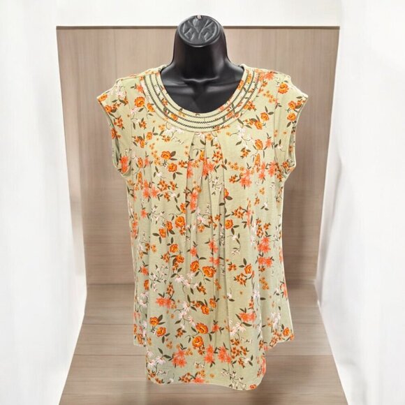 Daniel Rain Green Blouse Orange Floral Size Small Petite - Picture 2 of 9